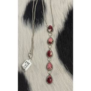 Native American SW Sterling Silver Multistone Red Rose Dahlia Lariat Necklace